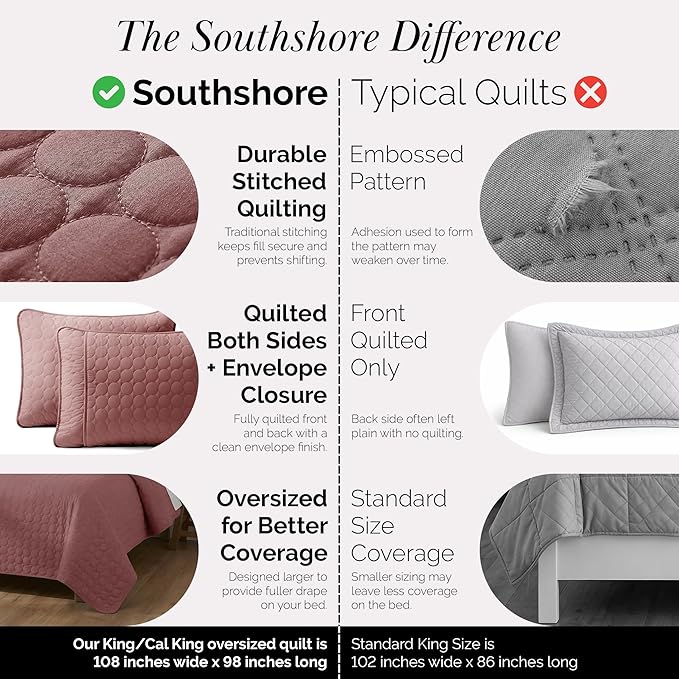 Southshore Fine Living, Inc. Oversized Quilts for King Bed, Soft Coverlet, Lightweight Bedspread, 3-Piece Set with Two Matching Quilted Pillow Shams, All Season Cal/King Quilt, Withered Rose Quilt