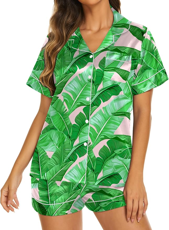 Ekouaer Silk Pajamas for Women Short Sleeve Sleepwear Soft Button Down Loungewear 2 Piece Satin Pjs Shorts Set