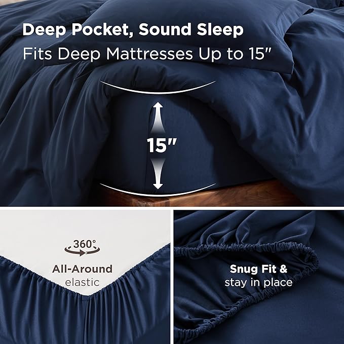 Bedsure Duvet Cover with Fitted Sheet Queen - Cooling Deep Pocket, Hotel Luxury Soft Double Brushed Bedding Set with Zipper Closure, 1 Duvet Cover, 1 Fitted Sheet, 2 Pillow Shams, NO Comforter, Blue