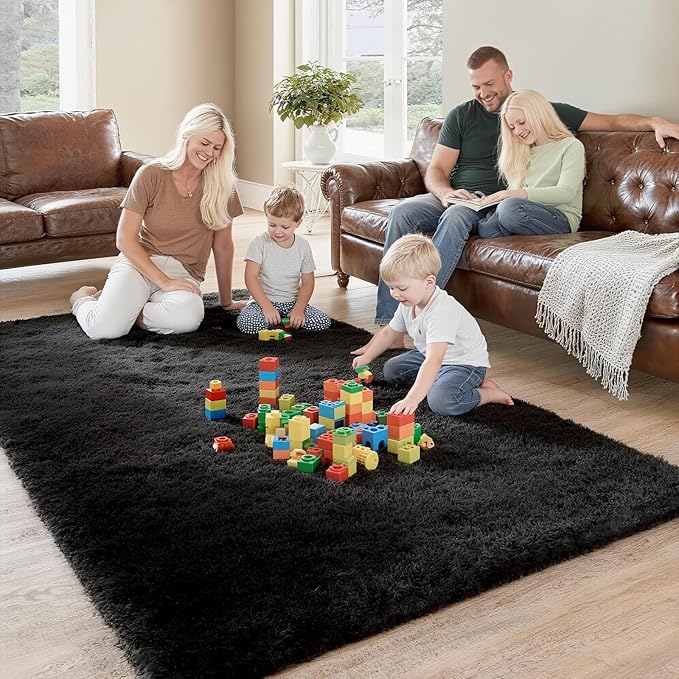 Shag Black Rug, 4x6 Area Rug for Dorm Bedroom Living Room, Non-Slip Ultra Fluffy Soft Area Rugs for Kids Room, Girls Room, Study, Office, Playroom, Easy to Clean, Modern Carpet Décor
