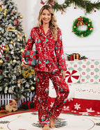 SWOMOG Womens Silk Satin Pajamas Set Long Sleeve Button Down Sleepwear 2 Piece Lounge Set Pj Set XS-3XL