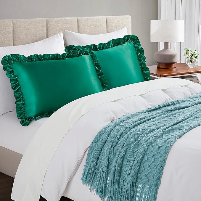 Silky Satin Ruffled Pillow Cases for Hair and Skin,Blackish Green Silk Pillowcases Standard Set of 2 with Envelope Closure Princess Room Decoration