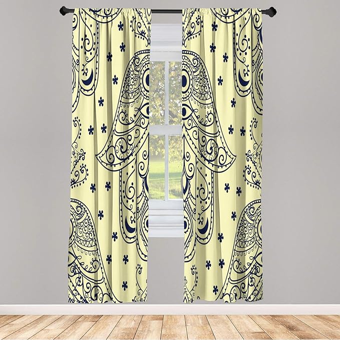 Lunarable Hamsa Window Curtains, Egyptian Boho Hand Shape Pattern Eye Design Bridal Night Inspired Art, Lightweight Decorative 2-Panel Set & Rod Pocket, Pair of - 28" x 95", Night Blue