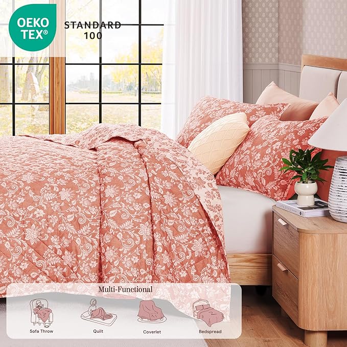 BLOOMHAVEN Quilt Set Twin Size, Clay Pink Floral Quilt Sets, Reversible Bedspread Lightweight and Breathable for All Seasons, Soft Quilted Bedspread with 1 Pillow Sham