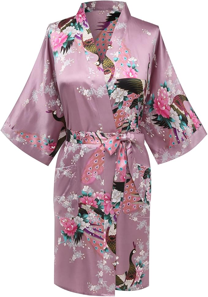Women's Short Kimono Robes Bride and Bridesmaid Satin Floral Bathrobe Peacock Sleepwear Dressing Gown for Wedding Party