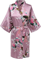 Women's Short Kimono Robes Bride and Bridesmaid Satin Floral Bathrobe Peacock Sleepwear Dressing Gown for Wedding Party