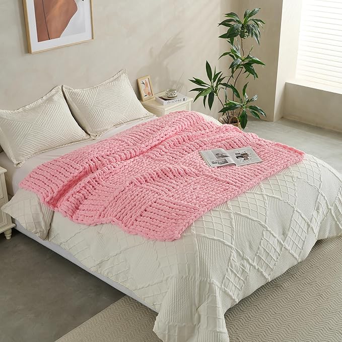 Chunky Knit Blanket Throw 50x60 Inches,Handmade Cable Knit Crochet Blanket,Cozy Lightweight All Season,Wrinkle-Resistant Polyester for Couch Bed Sofa Reading Nook, Beige,Pink