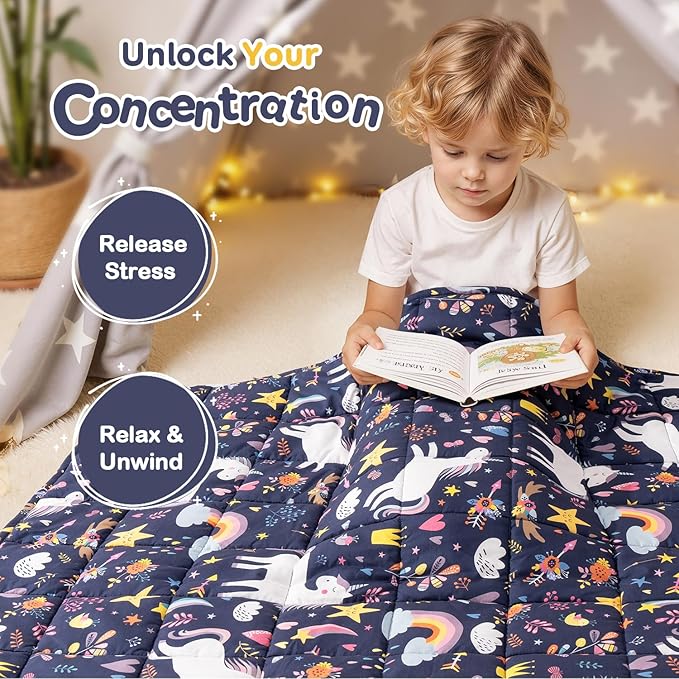 Kivik Unicorn Weighted Blanket 3lbs, Cooling Breathable Small Blankets, Soft Heavy Throw for School Calming & Bed Sleep Gifts for 4 5 6 7 + Year Old, Machine Washable, 36''x 48'', 3 Pounds, Navy Blue