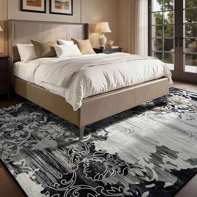 CRYPTOLITE Area Rugs 8x10 Rug for Living Room Abstract Washable Rug with Non-Slip Backing Low Pile Area Rug for Bedroom, Dining Room, Black