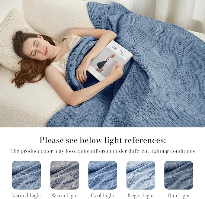 Amélie Home Knit Throw Blanket, Soft Chenille Cozy Breathable Checkered Chunky Decorative Blanket for Couch, Bed & Sofa, French-Inspired Lightweight Warm Gift for Women, Washed Blue, 50"x60"