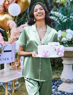 Ekouaer Silk Satin Pajamas Set Women Short Sleeve Sleepwear Soft Button Down Loungewear Pjs Set