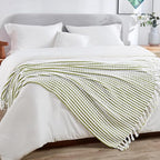 Striped Knit Throw Blanket with Braided Tassels 50" x 60", Hand Knitted Soft Chunky Chain Design Boho Farmhouse Blanket, Two Tone Tassel Decor Throw for Couch Bed Sofa Outdoor, Olive White