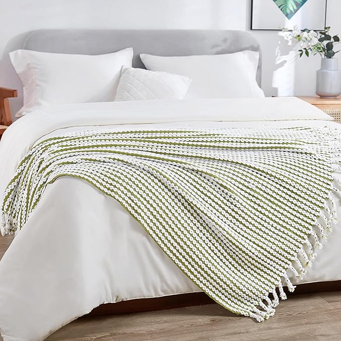 Striped Knit Throw Blanket with Braided Tassels 50" x 60", Hand Knitted Soft Chunky Chain Design Boho Farmhouse Blanket, Two Tone Tassel Decor Throw for Couch Bed Sofa Outdoor, Olive White