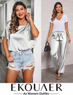 Ekouaer Womens Satin Silky Pajama Set Short Sleeve Shirt with Long Pajama Pant Set Soft PJ Loungewear
