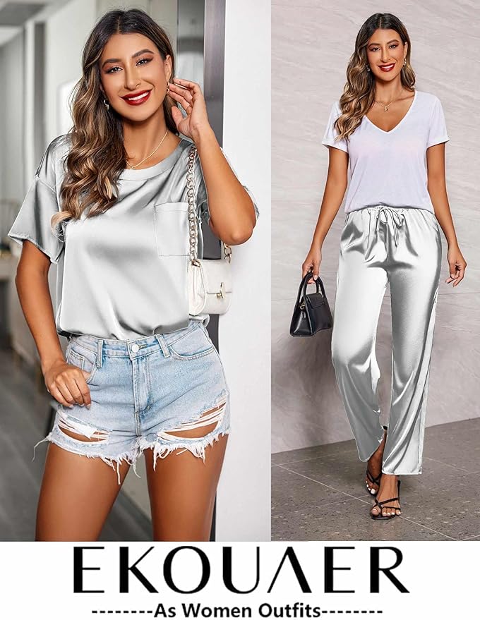 Ekouaer Womens Satin Silky Pajama Set Short Sleeve Shirt with Long Pajama Pant Set Soft PJ Loungewear