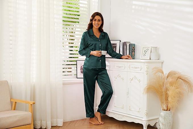 U2SKIIN Women Silk Pajamas Set, Long Sleeve Satin Pajamas for Women Sleepwear Button Down Pjs Set Two-piece