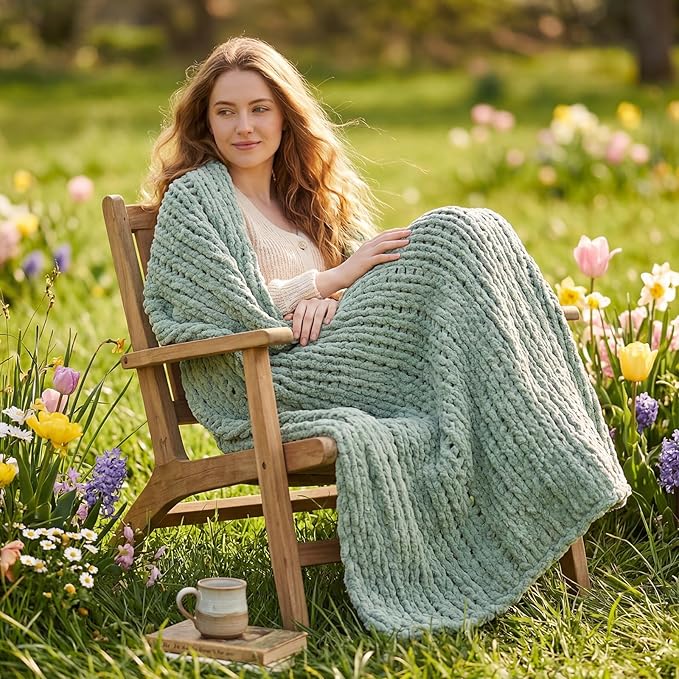 Amélie Home Chunky Knit Throw Blanket for Couch, Soft Chenille Handmade Crochet Throw Rope Knot Blanket for Couch, 60"x80", Sage Green