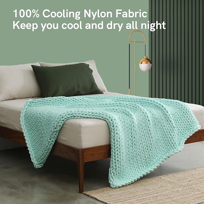 YnM Cooling Weighted Blanket, Handmade Chunky Yarn Knitted Design, Temperature Regulating and Breathable, Machine Washable Throw for Sleep or Home Decor (Menthe Green, 60x80 Inch, 20lbs)