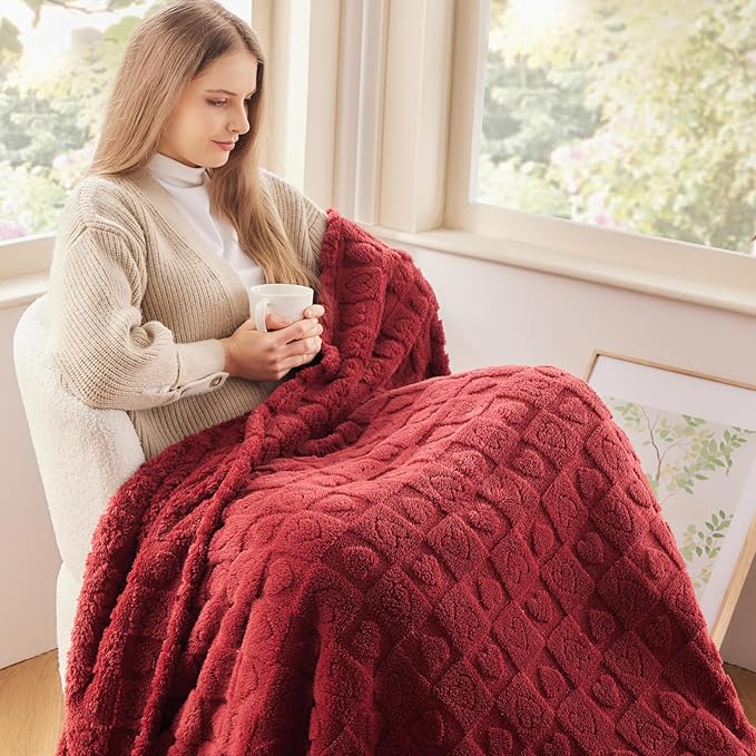 NEWCOSPLAY Super Soft Queen Blanket Red Premium Silky Flannel Fleece 3D Heart Checkered Lightweight Bed Blanket All Season Use (Red Heart, Queen(90"x90"))