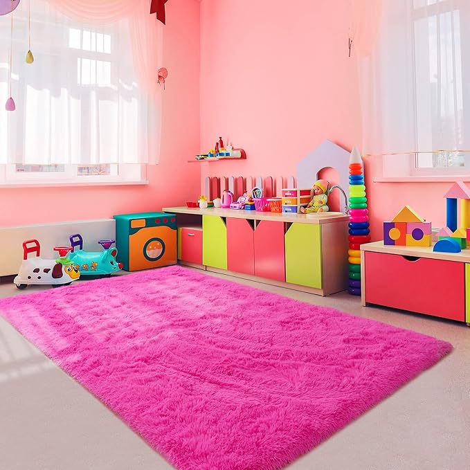 Noahas Fluffy 5.3x7.5 Hot Pink Rugs for Bedroom Girls,Shaggy Kids Rug,Thick Shag Throw Floor Carpet,Soft Non-Slip Dorm Nursery Area Rugs for Living Room Home Decor Aesthetic