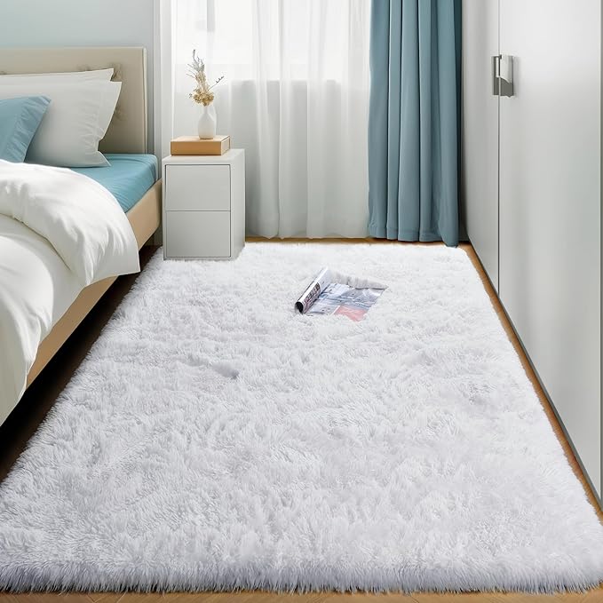 White Runner Area Rugs for Bedroom, Shag Fluffy Bedside Rug for Living Room, Modern Furry Shaggy Throw Rug for Kids Room, Teen Girls, Dorm, Baby Nursery, Cute Fuzzy White Carpet, 3x5 Rug, Home Decor