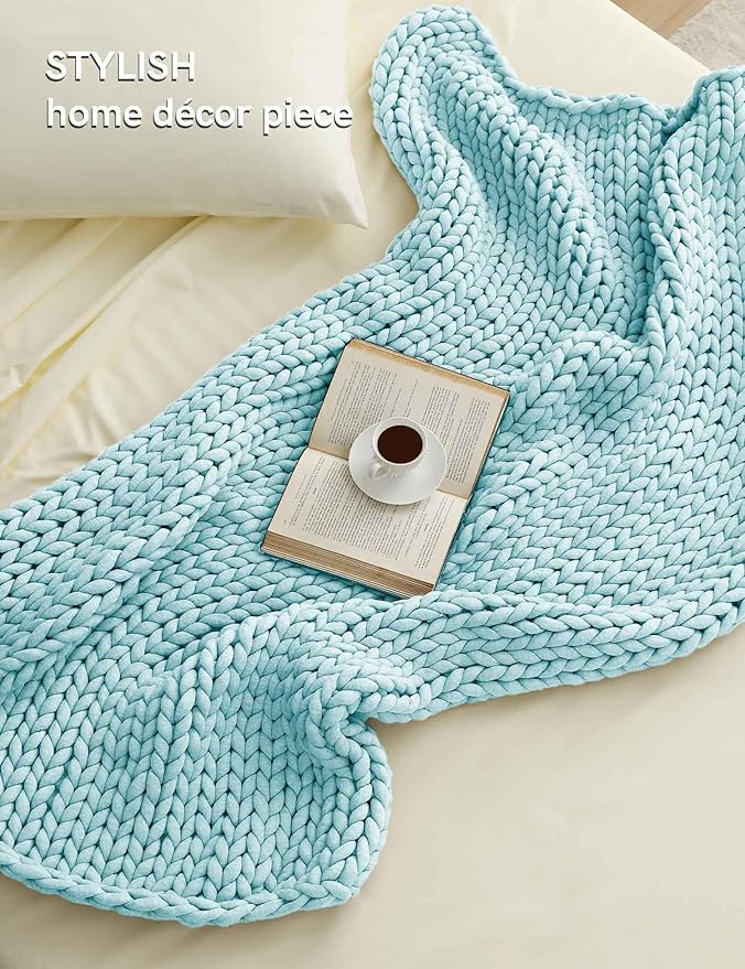 YnM Chunky Throw Blanket, Medium-Weight, Hand Knitted, Skin Friendly, Ventilated and Breathable, Machine Washable, Home Décor Piece for Couch, Sofa and Bed (Aqua Blue, 50x70 Inch)