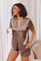 Ekouaer Womens Satin Silk Pajamas Set Short Sleeve Sleepwear Button Down Top and Shorts Loungewear 2 Piece Pjs Set S-XXL