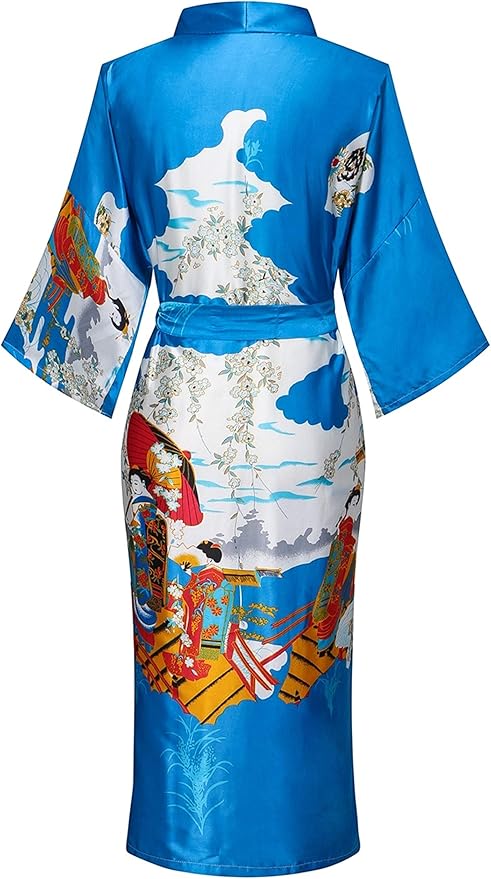 Valennia Women Long Silky Bathrobe Satin Kimono Robe Floral Printed Dressing Gown Sleepwear
