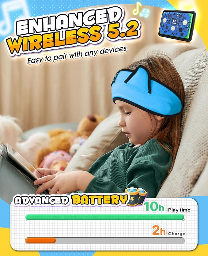 Kids Headphones, Headband for Children Baby & Toddlers, Bluetooth Toddler Headphones Wireless and Wired Playback 3.5 MM Jack for School, Stretchy & Comfy Travel Accessories