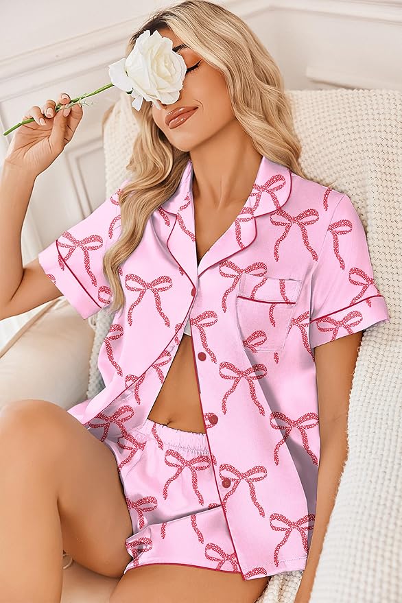 Ekouaer Womens Silk Satin Pajama Sets 2 Piece Button Down Silk Pjs Shorts Sets Cute Print Short Sleeve Sleepwear S-4XL
