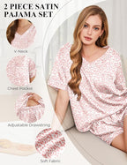 Silk Pajamas for Women Short Sleeve Satin 2 Piece Pj Set Soft V Neck Sleepwear Loungewear, S-XXL