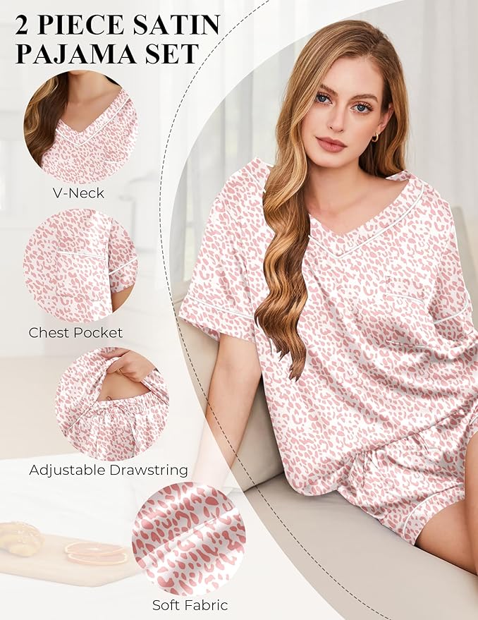 Silk Pajamas for Women Short Sleeve Satin 2 Piece Pj Set Soft V Neck Sleepwear Loungewear, S-XXL