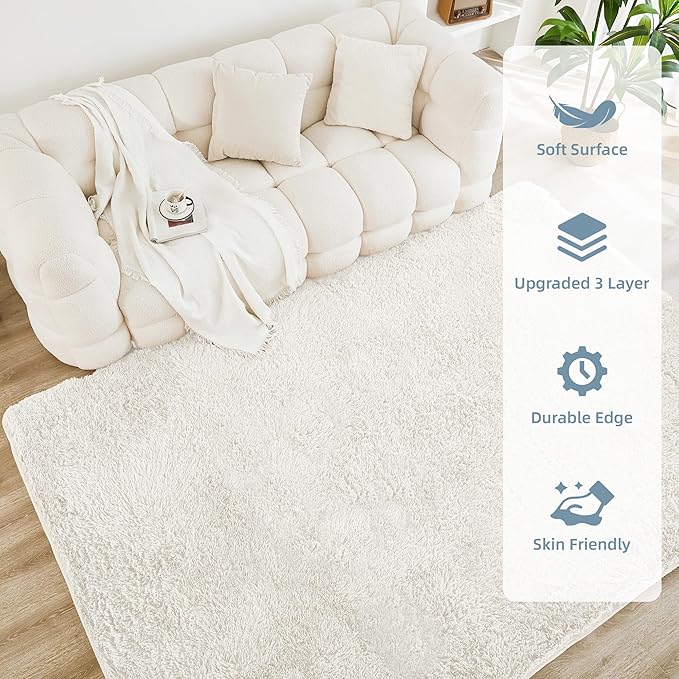Litanika 8x10 Shag Area Rug for Living Room Bedroom, White High Pile Ultra Soft Plush Shaggy Furry Bedside Playroom Dorm Carpet, Non-Slip, Non-Shedding Modern Indoor Floor Rug