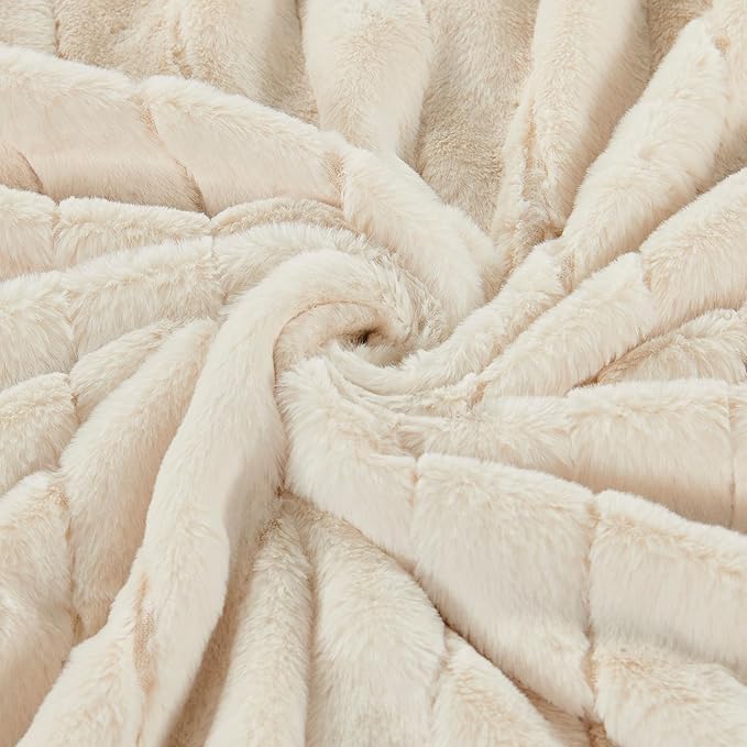 Striped Throw Blanket and Pillow Covers Set (No Inserts) for Couch and Bed, Plush Warm Lightweight Fuzzy Faux Fur Blanket for All Seasons (50" x 60", Cream)