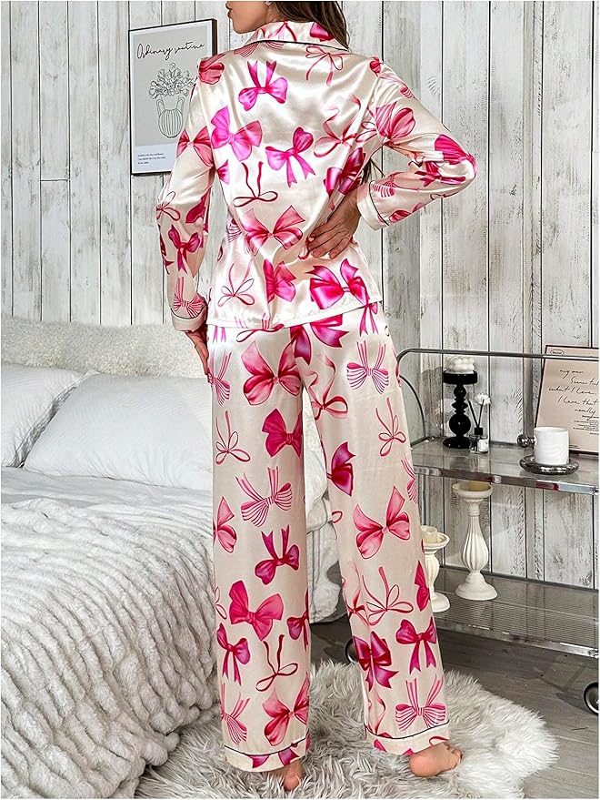 WDIRARA Women's 2 Piece Bowknot Print Satin Pajama Set Long Sleeve Button Down Lounge Pants Sleepwear Sets