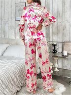 WDIRARA Women's 2 Piece Bowknot Print Satin Pajama Set Long Sleeve Button Down Lounge Pants Sleepwear Sets
