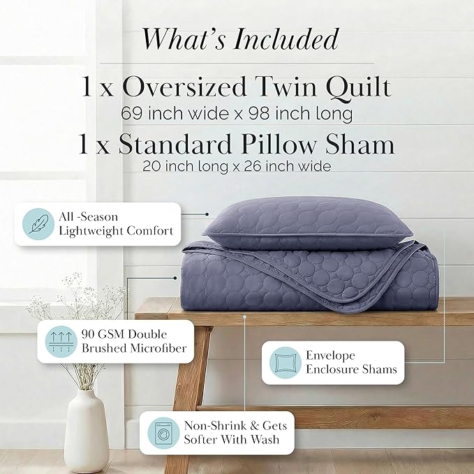 Southshore Fine Living, Inc. Oversized Bedding Quilt, Twin Coverlet Set, Lightweight Bedding, Soft Coverlet 2-Piece Set with One Matching Quilted Pillow Sham, All Season Twin/XL Bedspread, Denim
