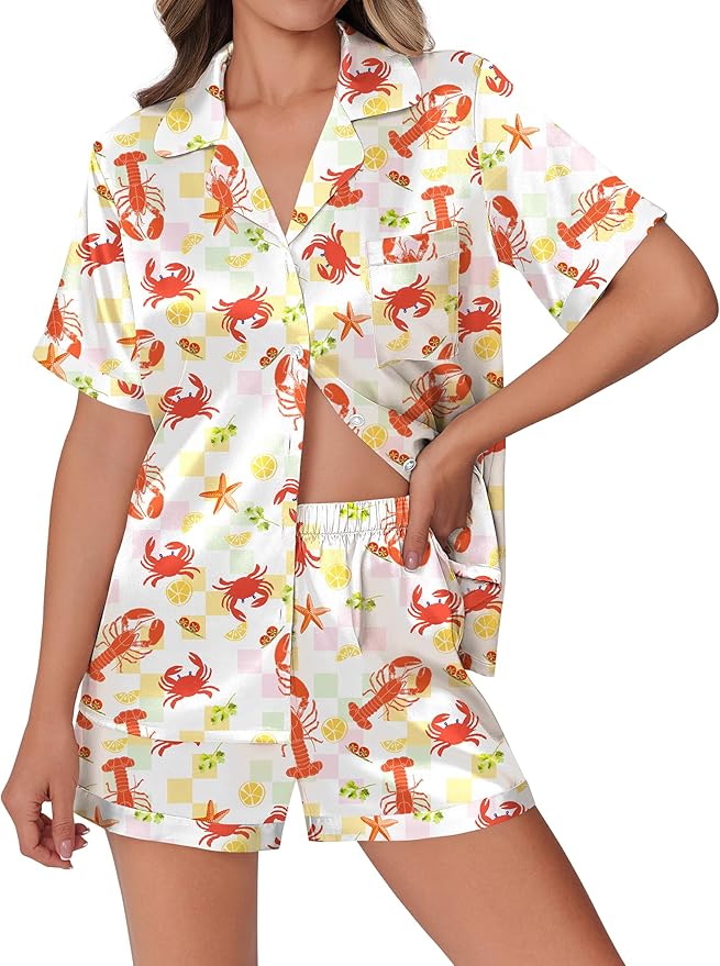 Ekouaer Womens Silk Satin Pajamas Set Animals Print Pjs Button Down Short Sleeve Lounge Set 2 Piece Sleepwear