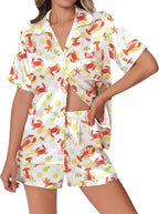 Ekouaer Womens Silk Satin Pajamas Set Animals Print Pjs Button Down Short Sleeve Lounge Set 2 Piece Sleepwear
