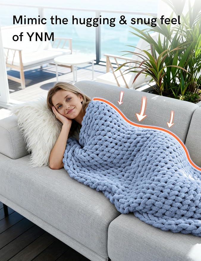 YnM Chunky Throw Blanket, Medium-Weight, Hand Knitted with Chenille Yarn, Skin Friendly, Ventilated and Breathable, Machine Washable, Home Décor Piece for Couch Sofa and Bed (Chambray Blue 30x40 Inch)