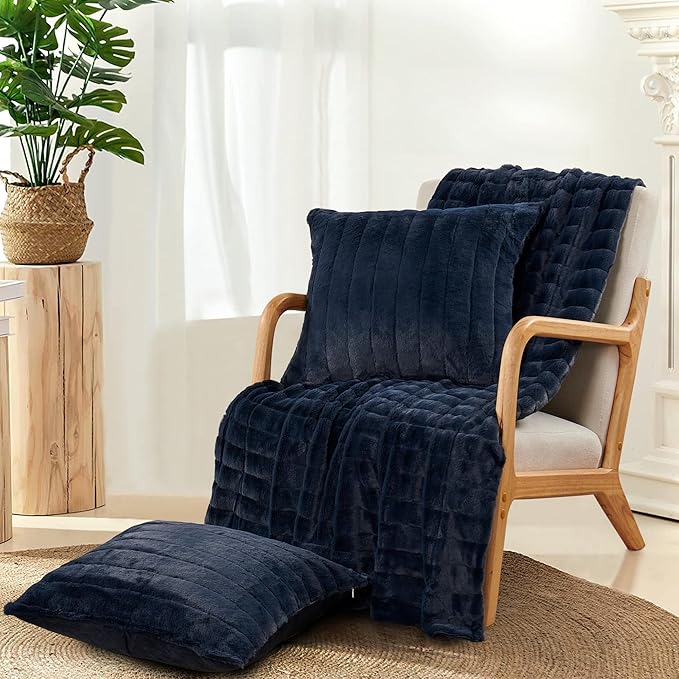 Striped Throw Blanket and Pillow Covers Set (No Inserts) for Couch and Bed, Plush Warm Lightweight Fuzzy Faux Fur Blanket for All Seasons (50" x 60", Dark Blue)