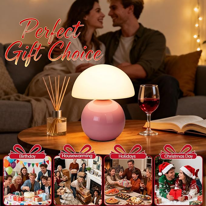ULAROOM Small Mushroom Lamp,USB-Plug in Bedside Table Lamps with 3-Temperature LED Bulb Dimmable,Unique Cute Aesthetic Home Decor for Living Room,Bedroom, Modern Ceramic Base Glass Lamp(Pink)