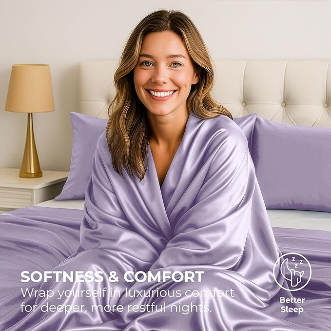 Satin Sheets Queen [4-Piece, Lavender] Hotel Luxury Silky Bed Sheets - Extra Soft 1800 Microfiber Sheet Set, Wrinkle, Fade, Stain Resistant - Deep Pocket Fitted Sheet, Flat Sheet, Pillow Cases