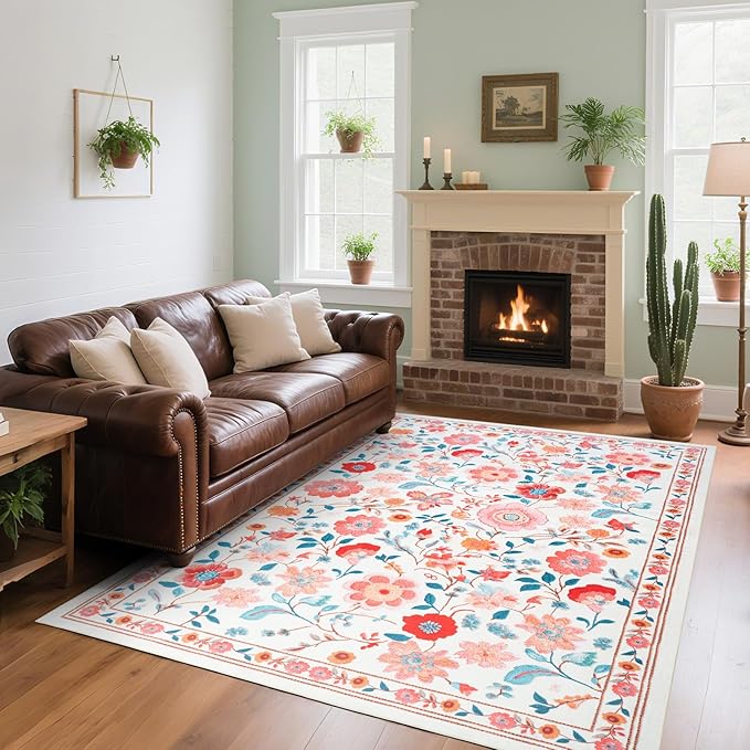 CRYPTOLITE Floral Area Rug 5x8 Rugs, Machine Washable Rug Non-Slip Low Pile Rug for Living Room, Bedroom, Farmhouse, Dining Room, Beige