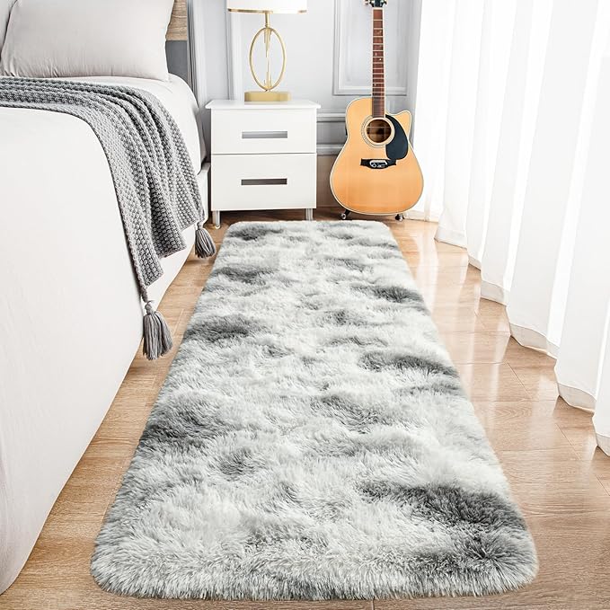Noahas Runner Rug for Hallway,2'x6' Tie-Dyed Grey and White Long Area Rugs for Bedroom Living Room,Non Slip Thick Shag Carpet for Entryway Dorm Bedside Kids Room