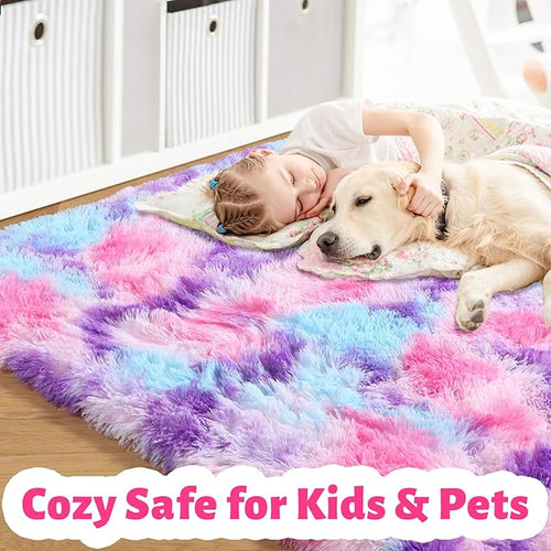 Amdrebio Hot Pink Rainbow Area Rug for Girls Room 5x8, Soft Fluffy Cute Fuzzy Colorful Kids Rugs for Bedroom Nursery Playroom Classroom, Shaggy Floor Princess Carpet for Baby Toddler Teen, Home Decor