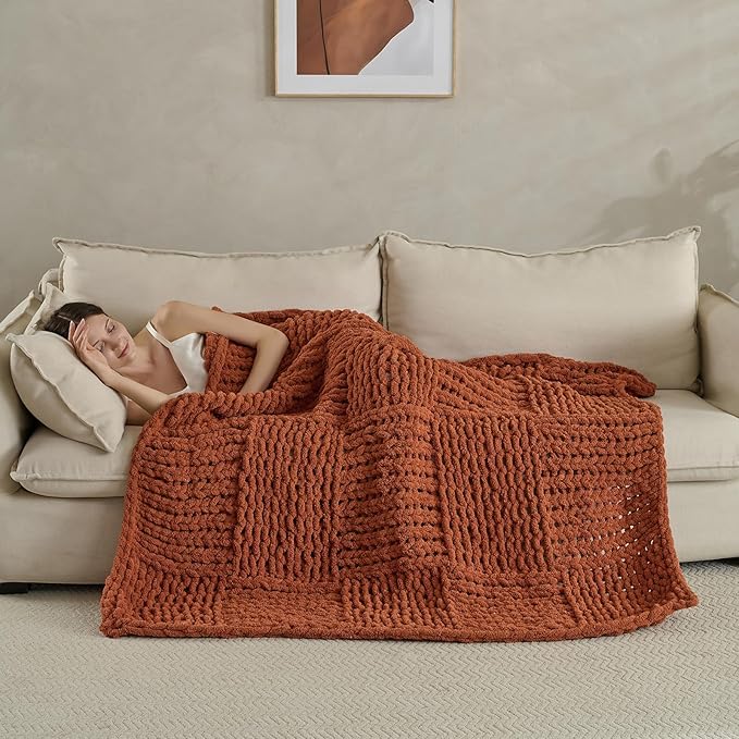 Soft Knitted Throw Blanket - 50x60 Inch Cozy & Lightweight All-Season Blanket, Wrinkle-Resistant Polyester for Couch, Bed, Sofa, Reading Nook (Orange)