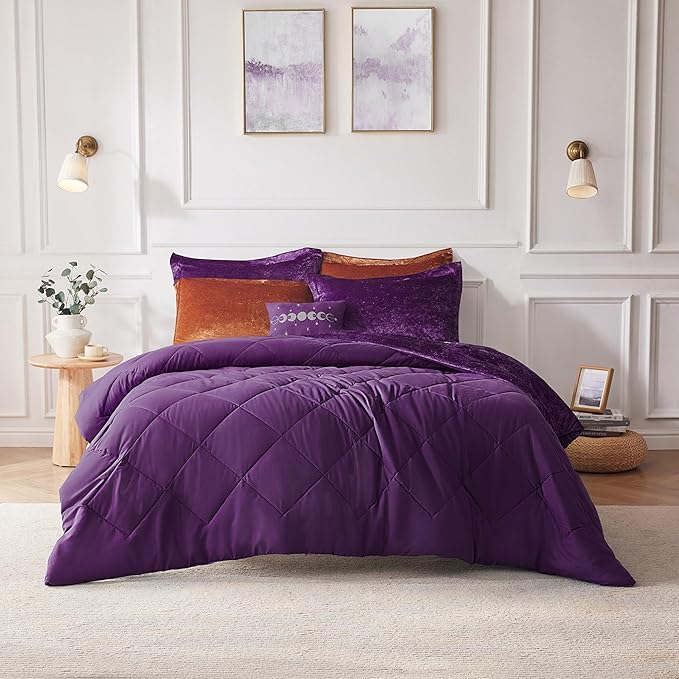Intelligent Design Twin Comforter Set, Velvet Comforter Set , Luxury Diamond Quilting Comforter Set, Fluffy Comforter Bed Set with Decorative Pillowand 1 Sham, 3 Piece Purple, Twin/Twin XL