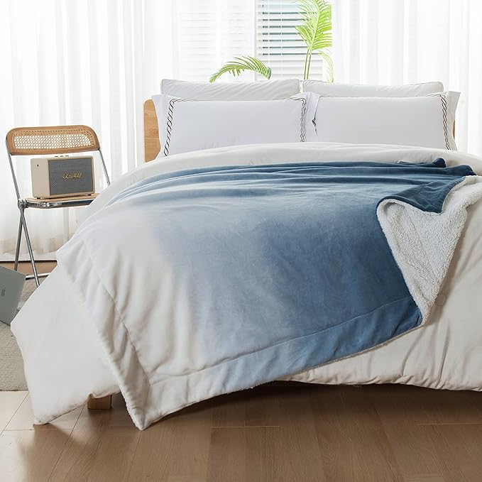 Elegant Comfort Throw Blanket, Reversible Sherpa Flannel, Ultra-Soft, Fuzzy, Cozy and Plush- All Season Lightweight Decorative Throw, 50 x 60 inches, Ombre Design Sherpa Throw, Blue (Pack of 2)