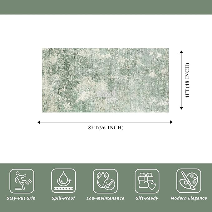 4x8 Washable Indoor Entryway Rug – Non-Slip Rubber Backed Floor Mat for Kitchen, Hallway, Bedroom – Modern Abstract Low-Pile Thin Wide Carpet Runner for Bathroom, Living Room, Office (Sage Green, 4x8)